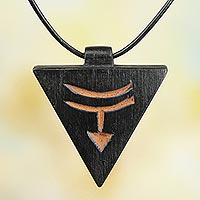 Men's teak wood pendant necklace, 'Ashanti Soul' - Men's Unique Leather and Wood Pendant Necklace