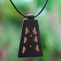 Men's teak wood pendant necklace, 'Between Pyramids' - Men's Hand Crafted Leather and Wood Pendant Necklace