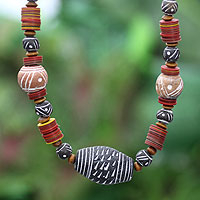 Ceramic and wood beaded necklace, 'Tempoka' - Fair Trade Ceramic Beaded Necklace