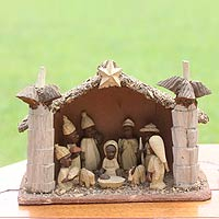 Wood nativity scene, 'African Palm House' - Wood Nativity Scene