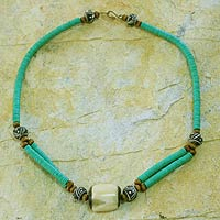 Bone beaded necklace, 'Green Laafi' - Bone and Recycled Beaded Necklace