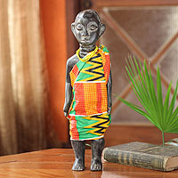 Wood sculpture, 'Ga Chief' - African Wood Sculpture with Cotton Kente
