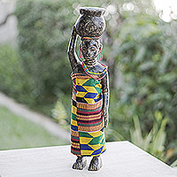 Wood sculpture, 'Homowo Festival II' - African Wood Sculpture with Cotton Kente