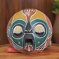 African wood mask, 'Ogya' - African Festive Fire Mask Carved by Hand in Ghana