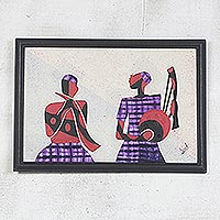 Cotton batik wall art, 'Horn and String Players II' - African Batik Collage Painting