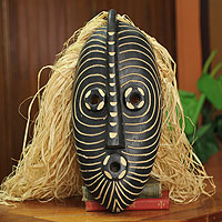 African mask, 'Northern Water Spirit' - Hand Carved African Mask with Raffia