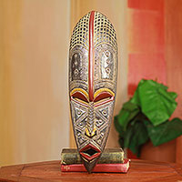 African wood mask, 'Ekene' - Artisan Crafted African Wood Mask with Metal Accents