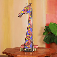 African beaded wood carving Psychedelic Giraffe Ghana