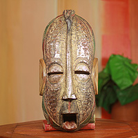 African wood mask, 'Preacher' - Original African Mask Hand Crafted with Local Wood and Metal