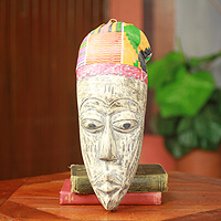 African mask, 'Elder Ewe Gentleman' - Ewe Tribal African Mask with Kente Cloth from Ghana