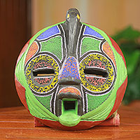 African beaded wood mask, 'Flamingo' - Unique Hand Beaded Colorful African Wood Mask Art