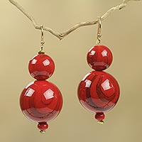 Beaded earrings, 'Dzidzo in Red' - Red Beaded Earrings Hand Crafted with Recycled Beads