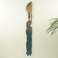 African wood wall sculpture, 'Cow Milk Hawker' - Artisan Crafted Wood Wall Plaque of Woman Selling Milk
