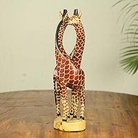 Teak wood sculpture, 'Giraffe Harmony' (large) - African Giraffe Sculpture Carved and Painted by Hand (Large)