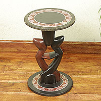 Wood accent table, 'Lovers Dance' - Handcrafted African Sese Wood Circular Accent Table