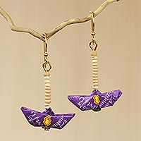 Recycled paper and terracotta dangle earrings, 'Purple Boats' - Sailboat Earrings Crafted by Hand with Recycled Paper