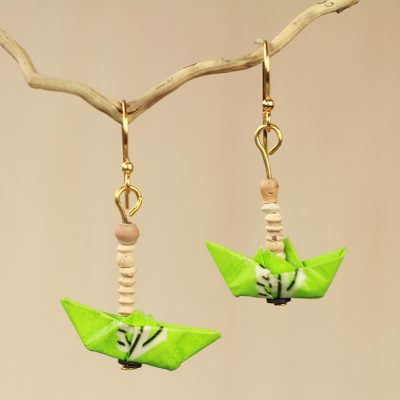 Recycled paper and terracotta dangle earrings, Green Boats