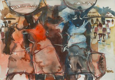 'Busy Day II' - Watercolor African Village Scene in Primary Colors