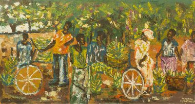 'Banana Bargain' - Ghanaian Banana Sale Impressionist Style Signed Painting