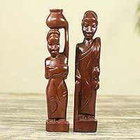 Ebony wood statuettes, 'Ena Ni Agya' (pair) - Akan Mother and Father Ebony Sculptures Hand Carved (Pair)
