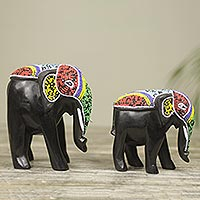 Wood sculptures, 'Colorful African Elephants' (pair) - Hand Carved Elephant Beaded Wood Sculptures (Pair)