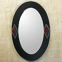 Wood wall mirror, 'Diamond Eyes' - Oval Shaped Wood Framed Wall Mirror with Diamond Motifs