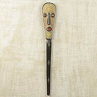 Beaded African wood mask, 'Cornmeal Stew Cook' - Authentic African Wall Mask with Beadwork and Metal Inlay