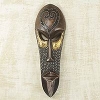 African wood mask, 'Love Star' - African Male Wall Mask with Heart Shape Made by Hand