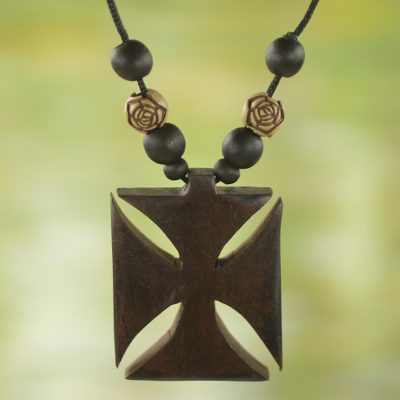 Wood pendant necklace, Adinkra Cross