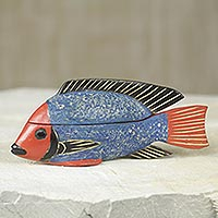 Wood box, 'Blue Ga Fish' - Ghana Artisan Crafted Fish Theme Decorative Wood Box