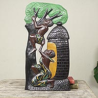Wood wall sculpture, 'Good Brothers' - Hand Painted Low Relief African Wall Sculpture