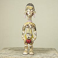 African wood sculpture, 'Fante Fertility Doll II' - Rustic Handmade Wood Fertility Doll with Beaded Accents