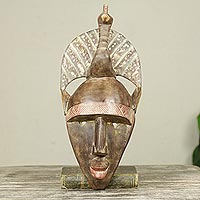 African wood mask, 'Peacock Crown' - Artisan Crafted Bird Theme Original African Mask