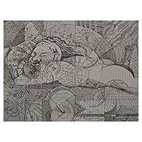 'The State of Unconsciousness I' - Fine Art Ink Drawing of Sleeping Woman and Equations