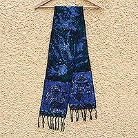 Cotton batik scarf, 'Blue Gye Nyame' - Handcrafted Signed Blue Batik Adinkra Scarf from Ghana