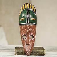 African wood mask, 'A Winner' - Handcrafted Brown and Green African Mask from Ghana