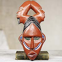 African wood mask, 'Cry for Victory' - Three-Headed African Mask Carved by Hand in Ghana