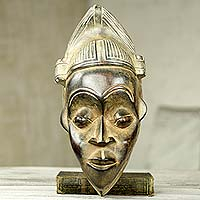 African wood mask, 'Kwadwo' - African Wall Mask of Akan Man Hand Carved Wood Art