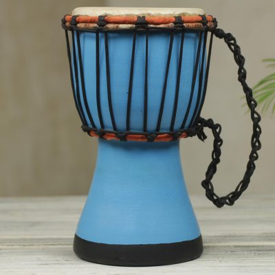 Wood mini-djembe drum, Turquoise Invitation to Peace