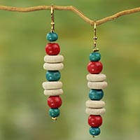 Wood dangle earrings, 'Cascade of Color' - Red and Green Accent Beaded Wood Dangle Earrings
