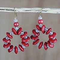 Wood and recycled plastic dangle earrings, 'Hot and Cold' - Beaded Sese Wood and Recycled Plastic Earrings from Ghana