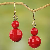 Upcycled dangle earrings, 'Mystical Red' - Hand Crafted Red Recycled Plastic Dangle Earrings from Ghana