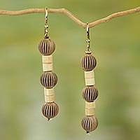 Wood dangle earrings, 'Paper Lanterns' - Recycled Plastic Wood Dangle Earrings from West Africa