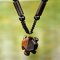 Agate and wood beaded pendant necklace, 'Tortoise' - Handmade Agate and Ebony Wood Necklace with Tortoise Pendant