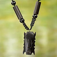 Agate and ebony wood beaded pendant necklace,