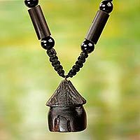 Agate and ebony wood beaded pendant necklace,