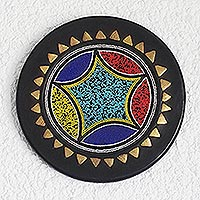 Recycled glass beaded wood decorative plate, 'Star of Accra' - African Brass Inlay Hand Beaded Decorative Wood Plate