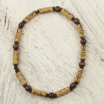 Wood and recycled plastic beaded necklace, Natural Leaves