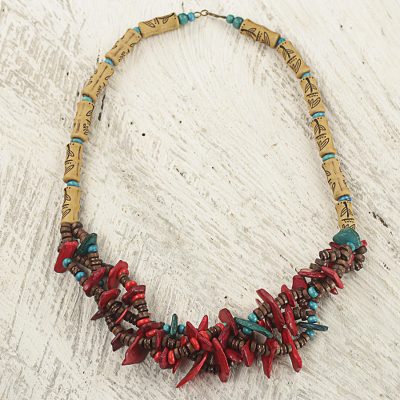 Wood and bamboo beaded necklace, Aseda Leaves