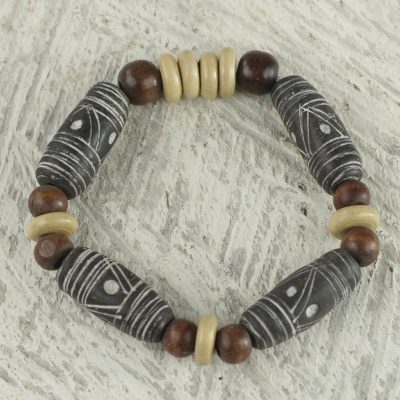 Wood and ceramic beaded bracelet, African Woman